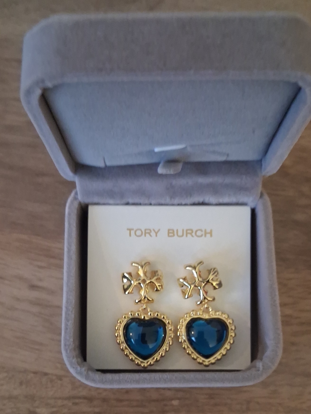 Tory Burch Gold Heart Drop Earrings with Blue Stones